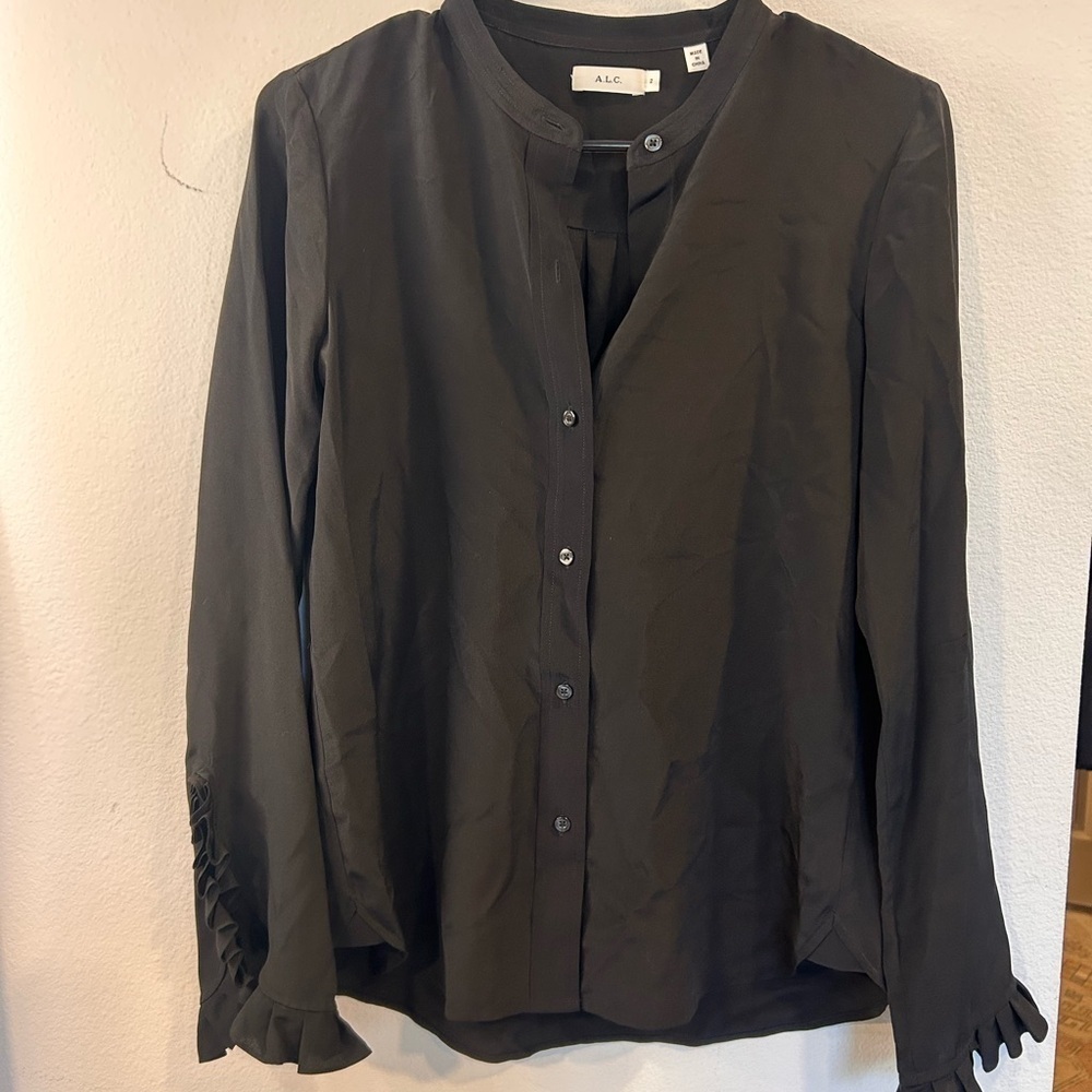 A.L.C. Black Silk Ruffle Cuff Blouse - Size 2